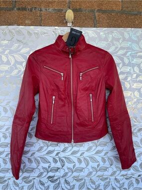Gian Mori Red Leather Moto Biker Jacket Size US 36 EUR 38 NWT Distressed Y2K